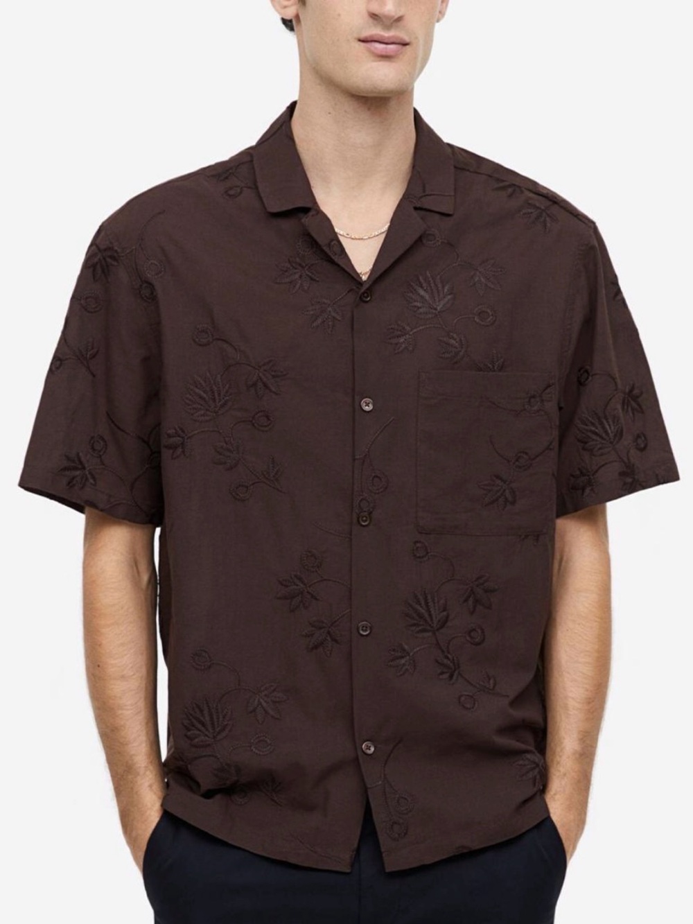 H&M relaxed-fit resort shirt  all-over tonal floral embroidery dark brown